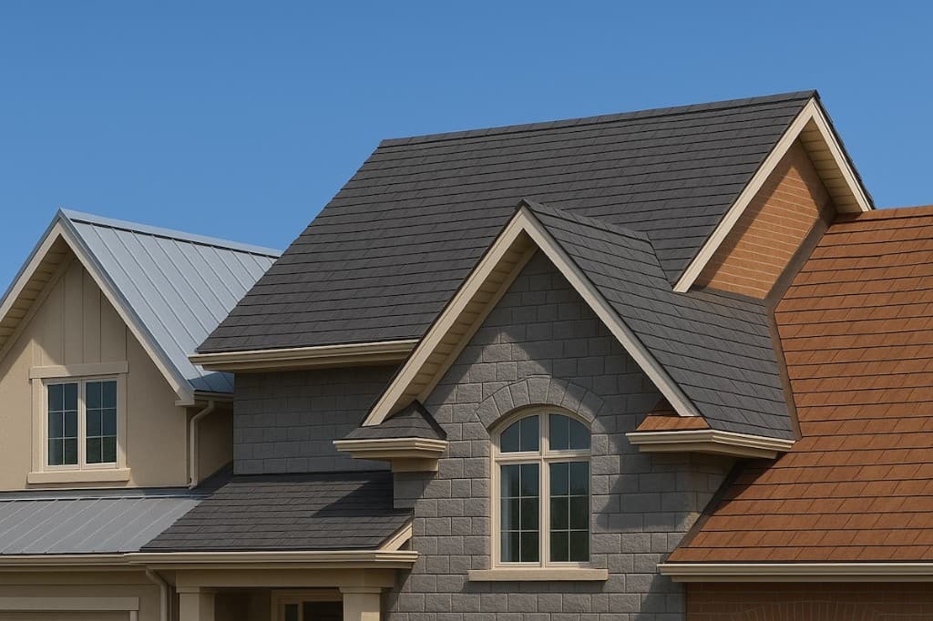 Residential roofing and siding materials showcase — metal and shingle roofs with stone and board-and-batten exteriors